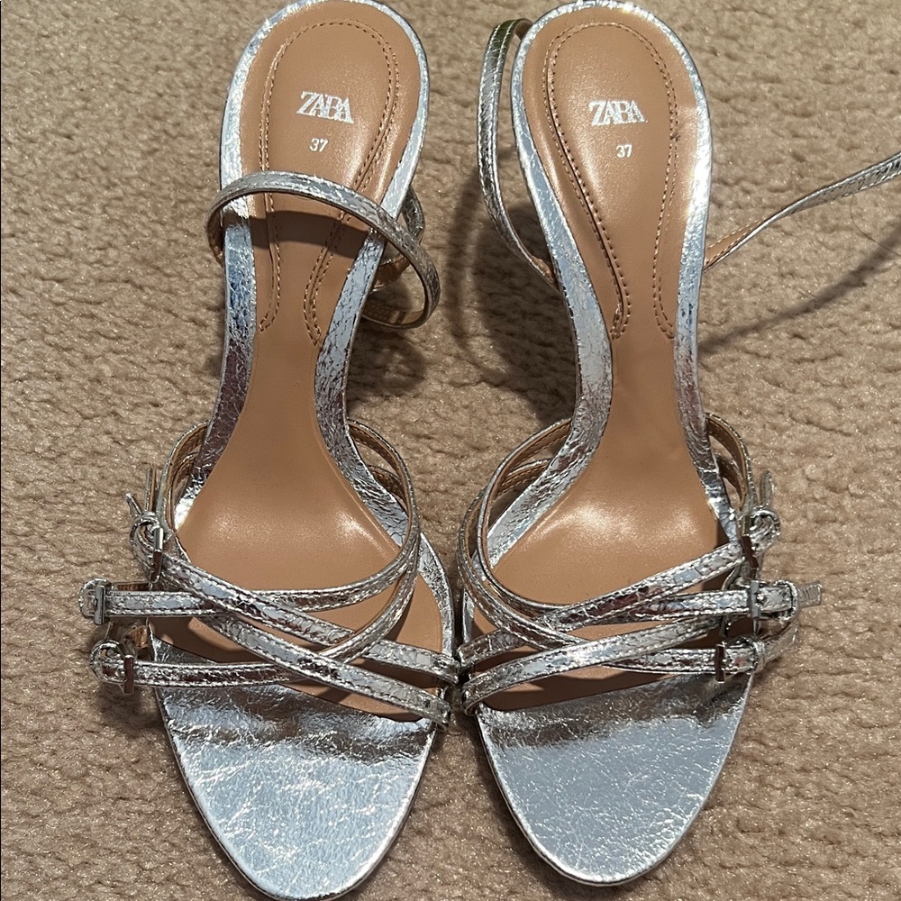 Zara Metallic Silver Heeled Sandals